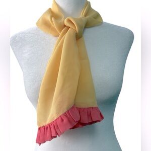 Vintage Susan Daniels oblong silk scarf in yellow with papaya ruffle trim. NWT